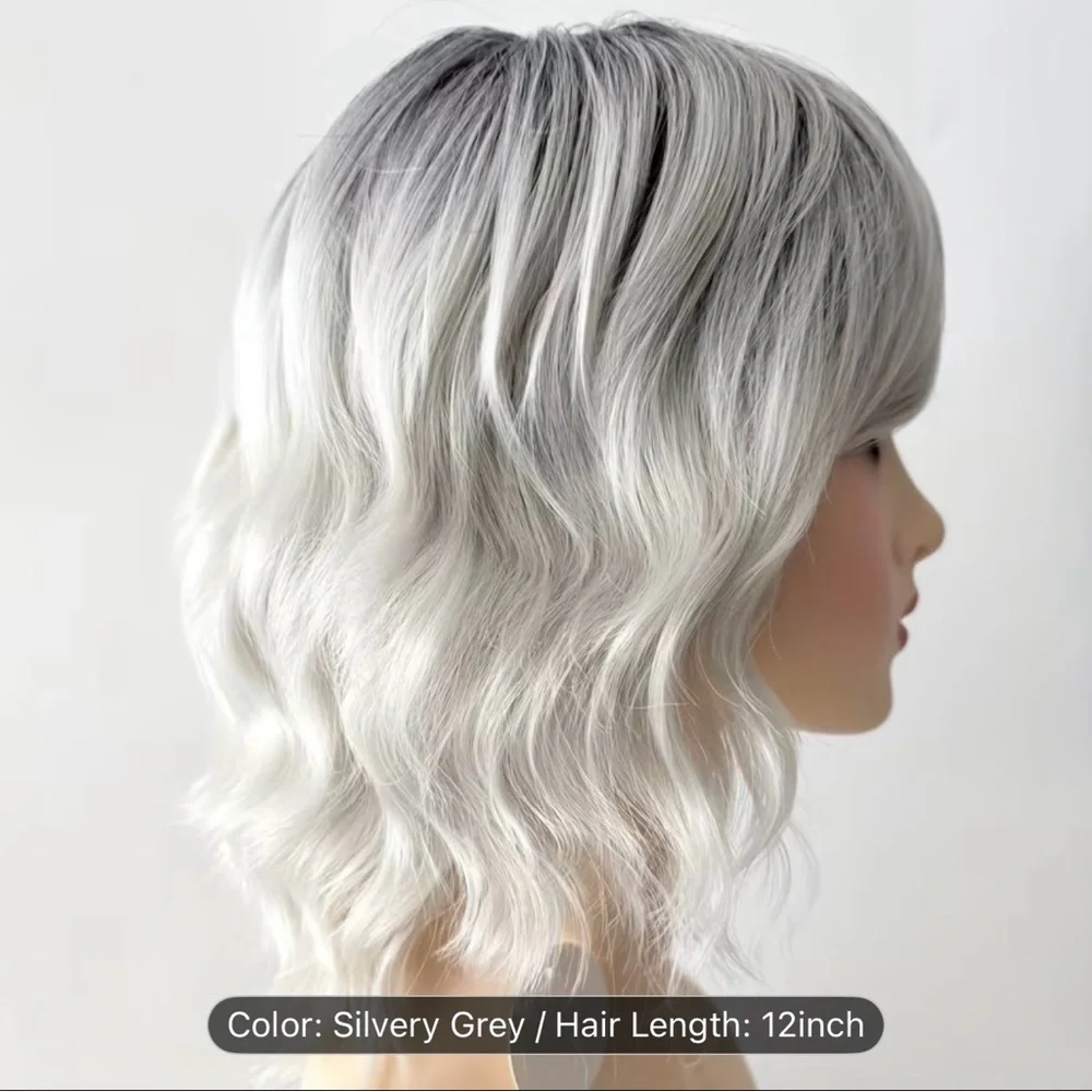 Silvery Grey Platinum Blonde Curly Women's 12” Wig with Bangs - Picture 5 of 16